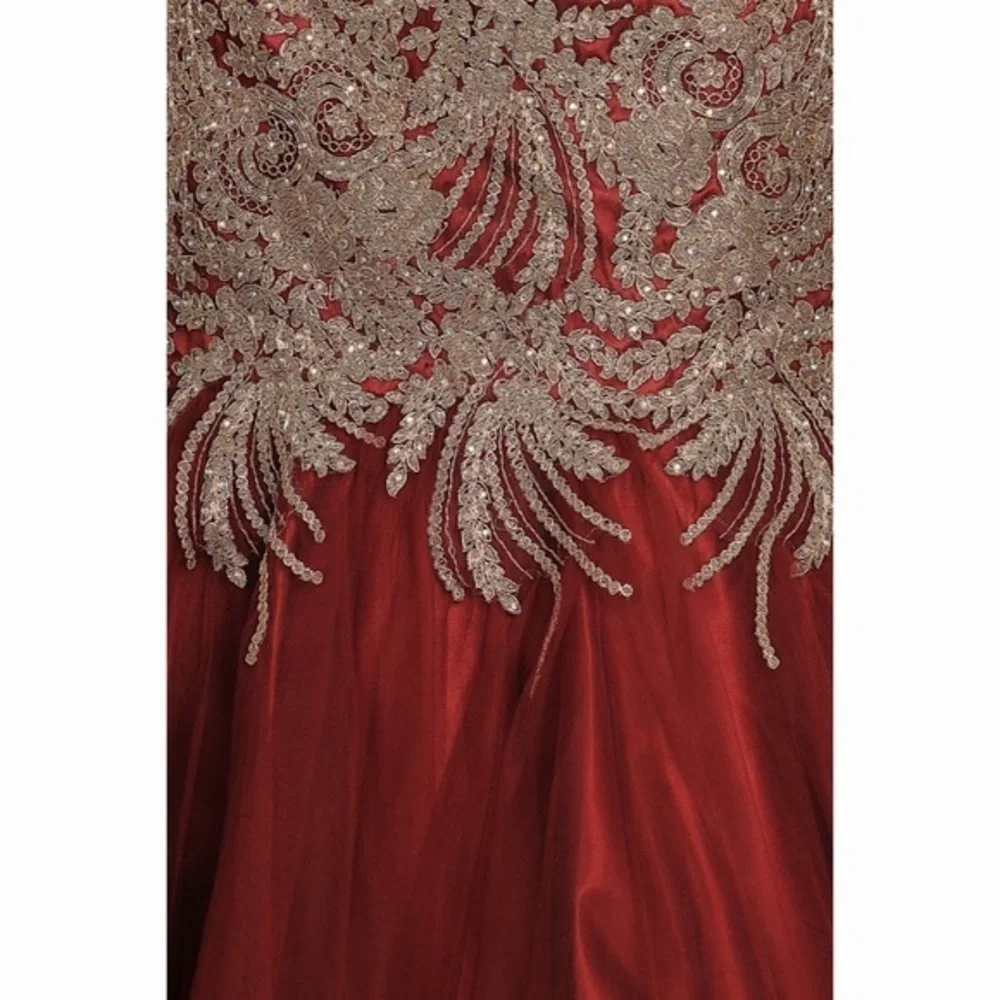 STRAPLESS Burgundy Gold Lace Mermaid Dress 1697 - Picture 5 of 7